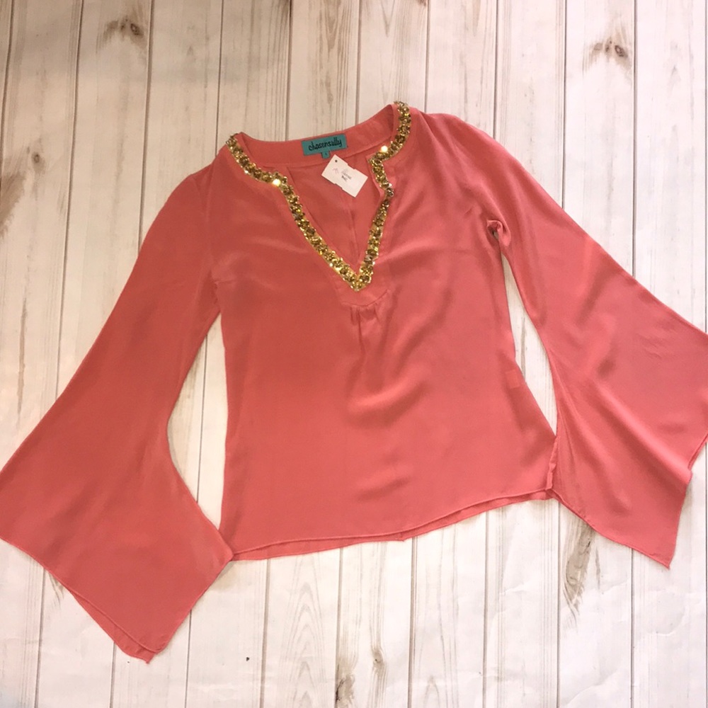 Chasensully Sequins-Trim Silk Coral Blouse
